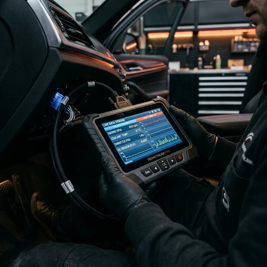 Professional diagnostic scan tool connected to vehicle OBD port