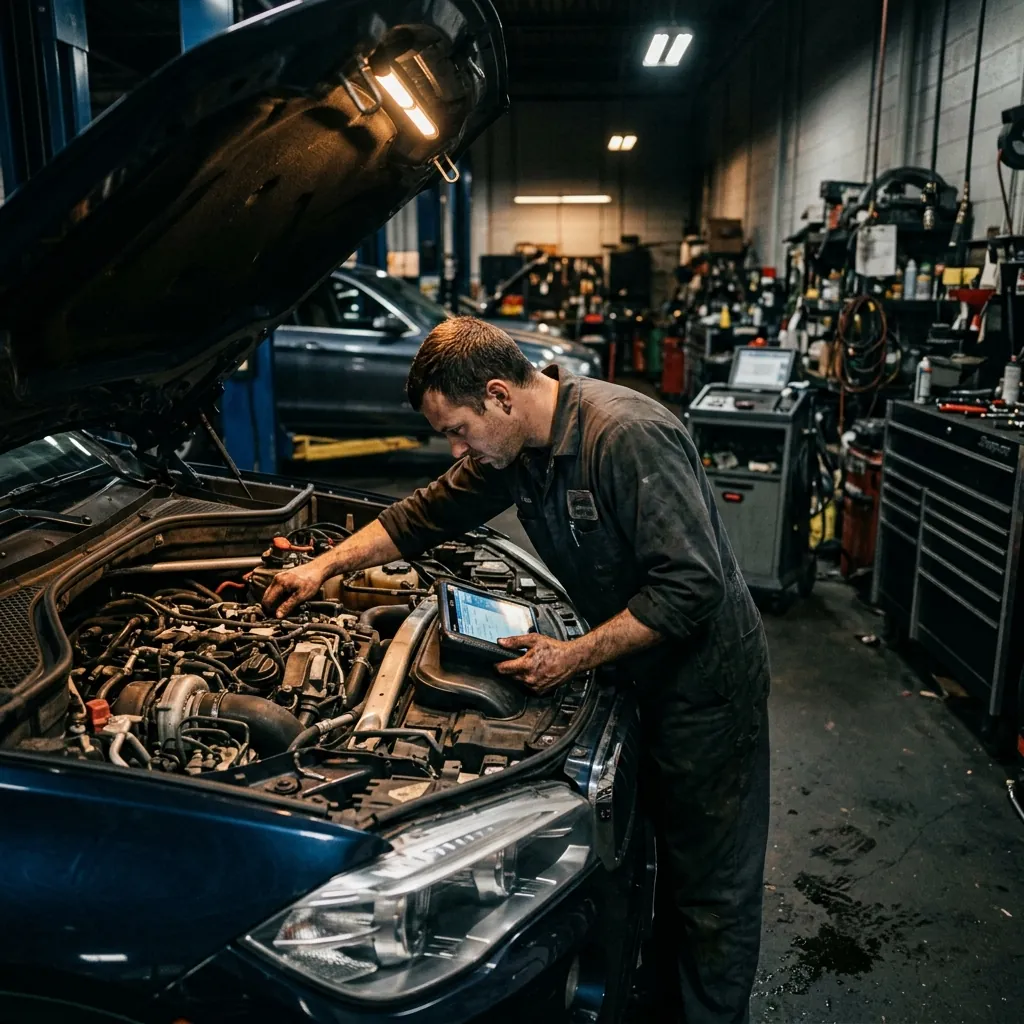 Technician diagnosing vehicle in service bay