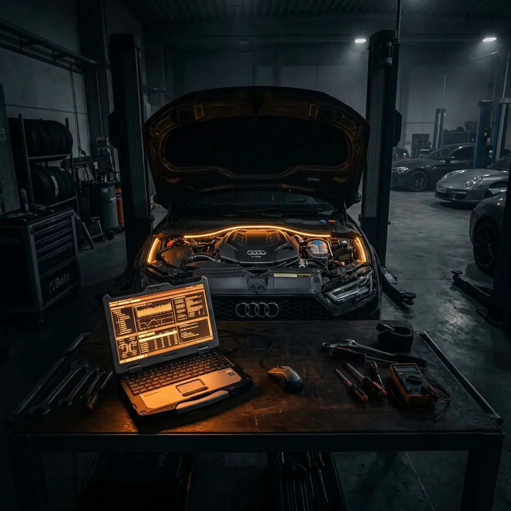 Dark specialty workshop with diagnostic laptop and open engine bay
