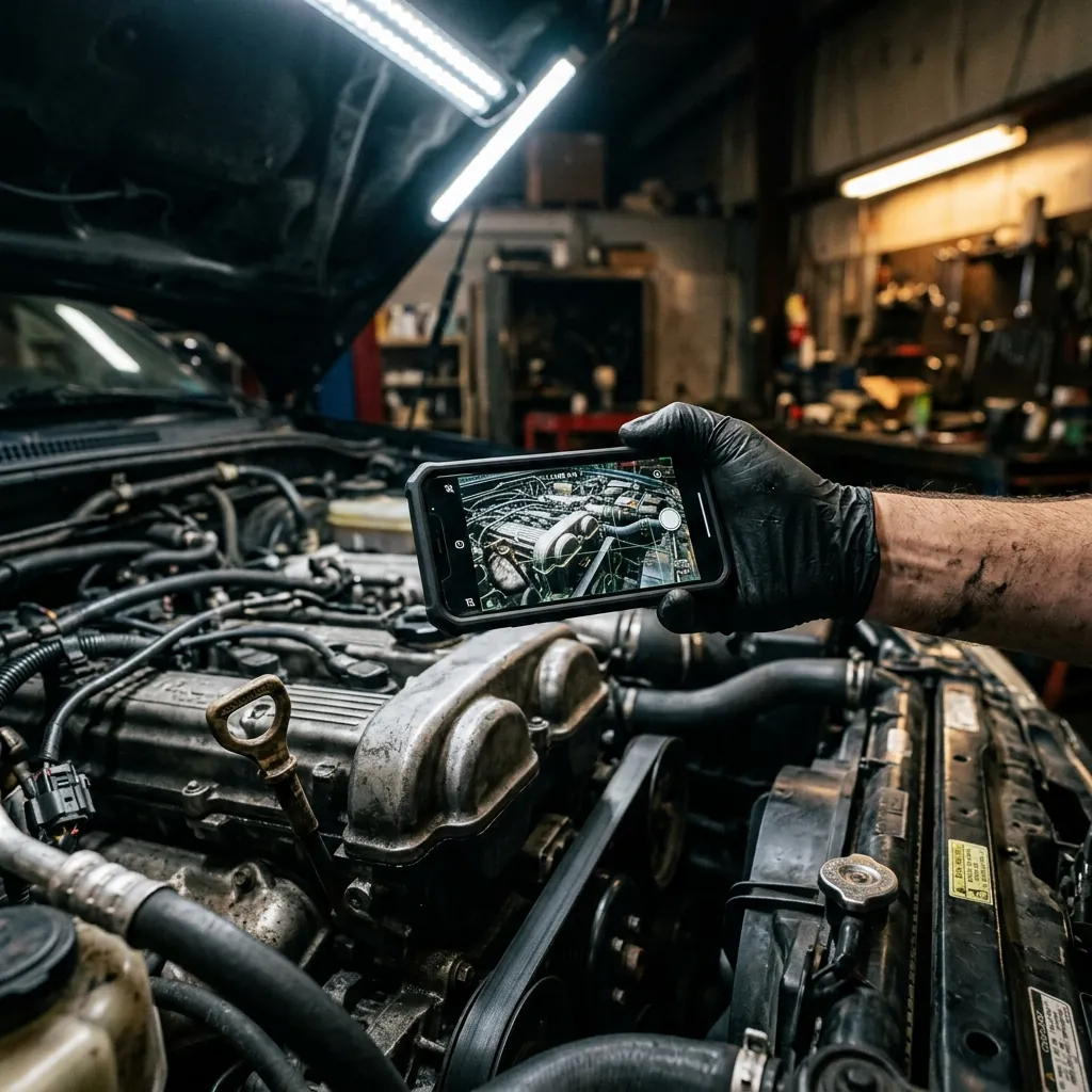 Technician photographing engine bay with smartphone